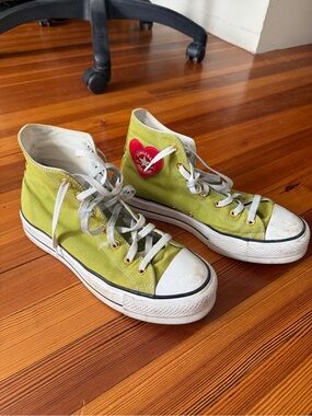 Converse Custom Platform Chuck Taylor High Top Sneakers, green with heart logo